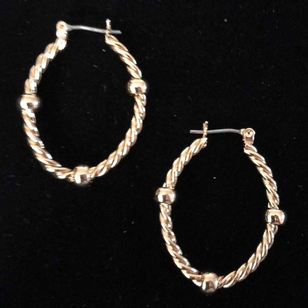 Gold Oval Twist Bead Hoop Earrings